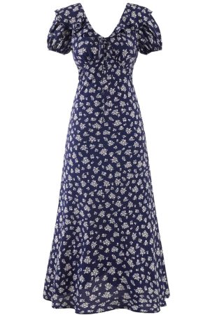 Vintage 2025 Summer V-Neck Floral Dress for Women - Blue Vacation Style, Age-Reducing Look, Perfect for 90s and Y2K Fashion