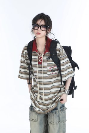 Vintage American Color-Blocked Striped Polo Shirt for Women - Unique Design, Loose Fit, Short Sleeves, 90s Retro Style