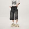Vintage American Denim Capris for Men & Women, Water Wave Pattern, Loose Wide-Leg, Mid-Length, Street Style Fashion