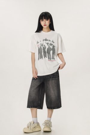 Vintage American Denim Capris for Men & Women, Water Wave Pattern, Loose Wide-Leg, Mid-Length, Street Style Fashion