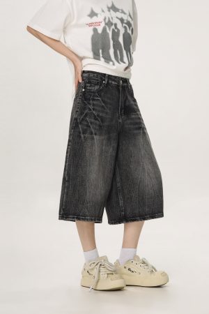 Vintage American Denim Capris for Men & Women, Water Wave Pattern, Loose Wide-Leg, Mid-Length, Street Style Fashion