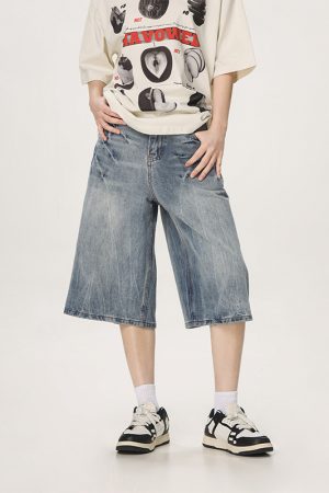 Vintage American Denim Capris for Men & Women, Water Wave Pattern, Loose Wide-Leg, Mid-Length, Street Style Fashion