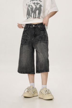 Vintage American Denim Capris for Men & Women, Water Wave Pattern, Loose Wide-Leg, Mid-Length, Street Style Fashion