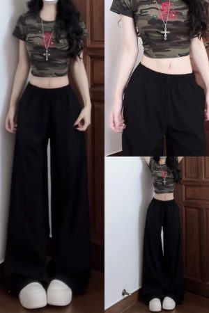 Vintage American Elastic Waist Cargo Pants for Women, Loose Straight Leg Parachute Trousers, Casual 90s Sports Style Floor-Length Pants