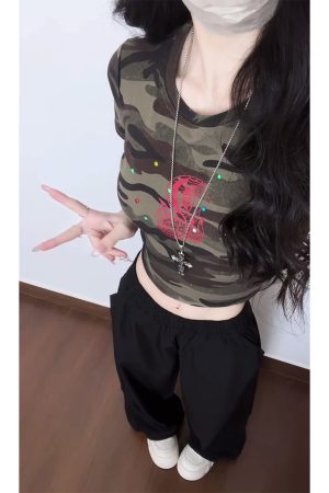 Vintage American Elastic Waist Cargo Pants for Women, Loose Straight Leg Parachute Trousers, Casual 90s Sports Style Floor-Length Pants