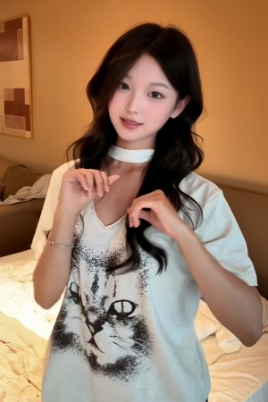 Vintage American Heavyweight Cat Face Print T-Shirt for Women - Summer V-Neck Short Sleeve Loose Fit White Top