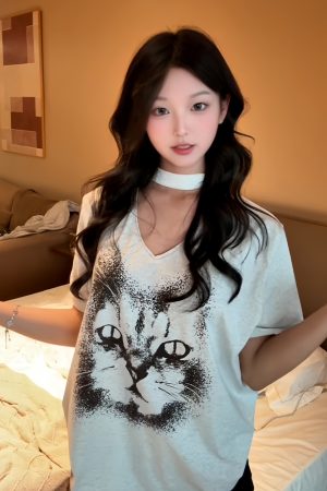Vintage American Heavyweight Cat Face Print T-Shirt for Women - Summer V-Neck Short Sleeve Loose Fit White Top