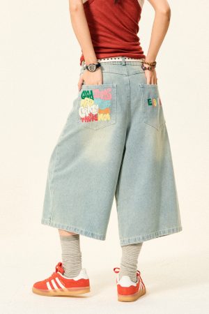 Vintage American Letter Embroidery Washed Denim Shorts for Women - Casual Loose Straight Cropped Pants, 90s Style