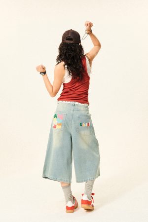 Vintage American Letter Embroidery Washed Denim Shorts for Women - Casual Loose Straight Cropped Pants, 90s Style