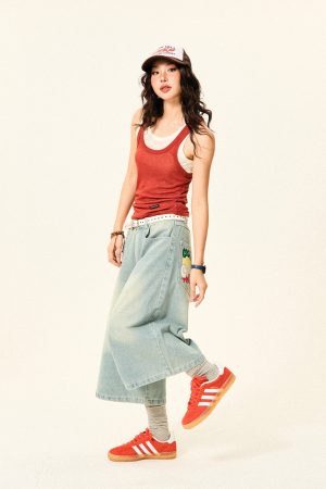 Vintage American Letter Embroidery Washed Denim Shorts for Women - Casual Loose Straight Cropped Pants, 90s Style