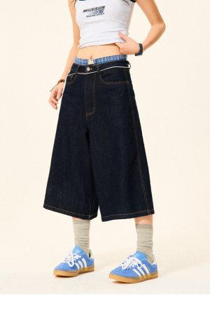 Vintage American Letter Embroidery Washed Denim Shorts for Women - Casual Loose Straight Cropped Pants, 90s Style