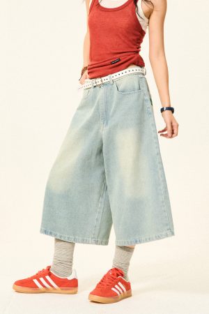 Vintage American Letter Embroidery Washed Denim Shorts for Women - Casual Loose Straight Cropped Pants, 90s Style