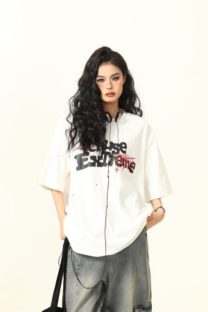 Vintage American Letter Print Heavyweight Unisex Short Sleeve T-Shirt - Versatile 90s Style Loose Fit Round Neck Tee