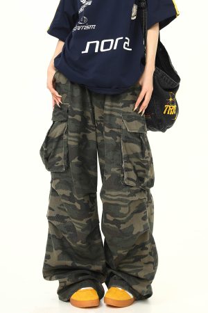 Vintage American Retro Camouflage Work Pants for Women, Washed Finish, Trendy Hip-Hop Street Dance Style