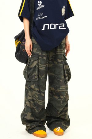 Vintage American Retro Camouflage Work Pants for Women, Washed Finish, Trendy Hip-Hop Street Dance Style
