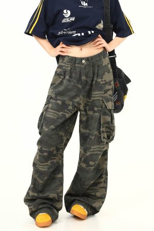 Vintage American Retro Camouflage Work Pants for Women, Washed Finish, Trendy Hip-Hop Street Dance Style