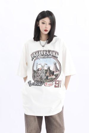 Vintage American Retro High Weight Short Sleeve Women's T-Shirt - Washed Heavy Fabric - High Street Style