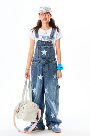 Vintage American Star Print Denim Overalls for Women - Casual Floor-Length Pants in 90s Style, Versatile Fashion Staple