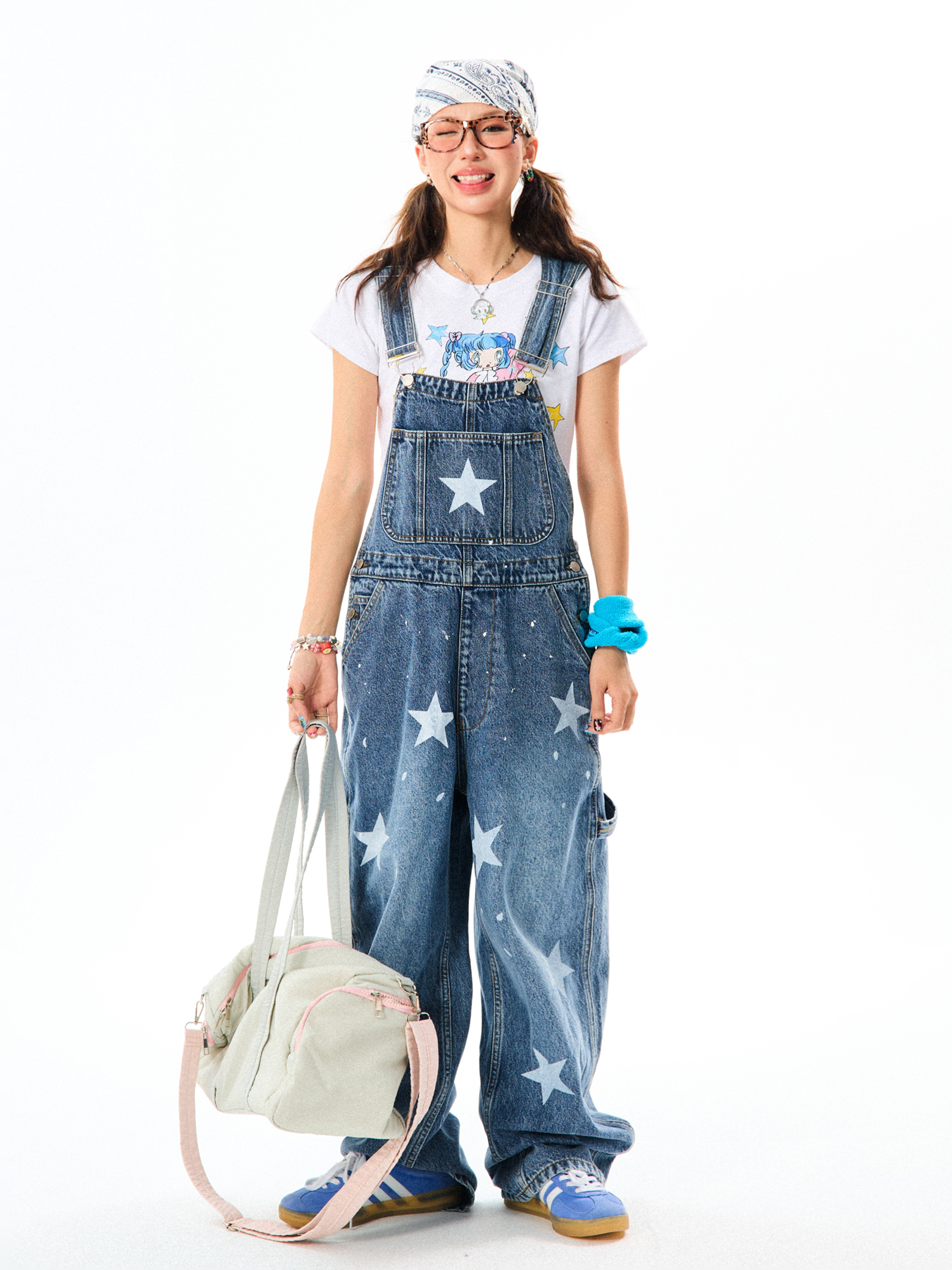 Vintage American Star Print Denim Overalls for Women - Casual Floor-Length Pants in 90s Style, Versatile Fashion Staple Vintage American Star Print Denim Overalls for Women - Casual Floor-Length Pants in 90s Style, Versatile Fashion Staple
