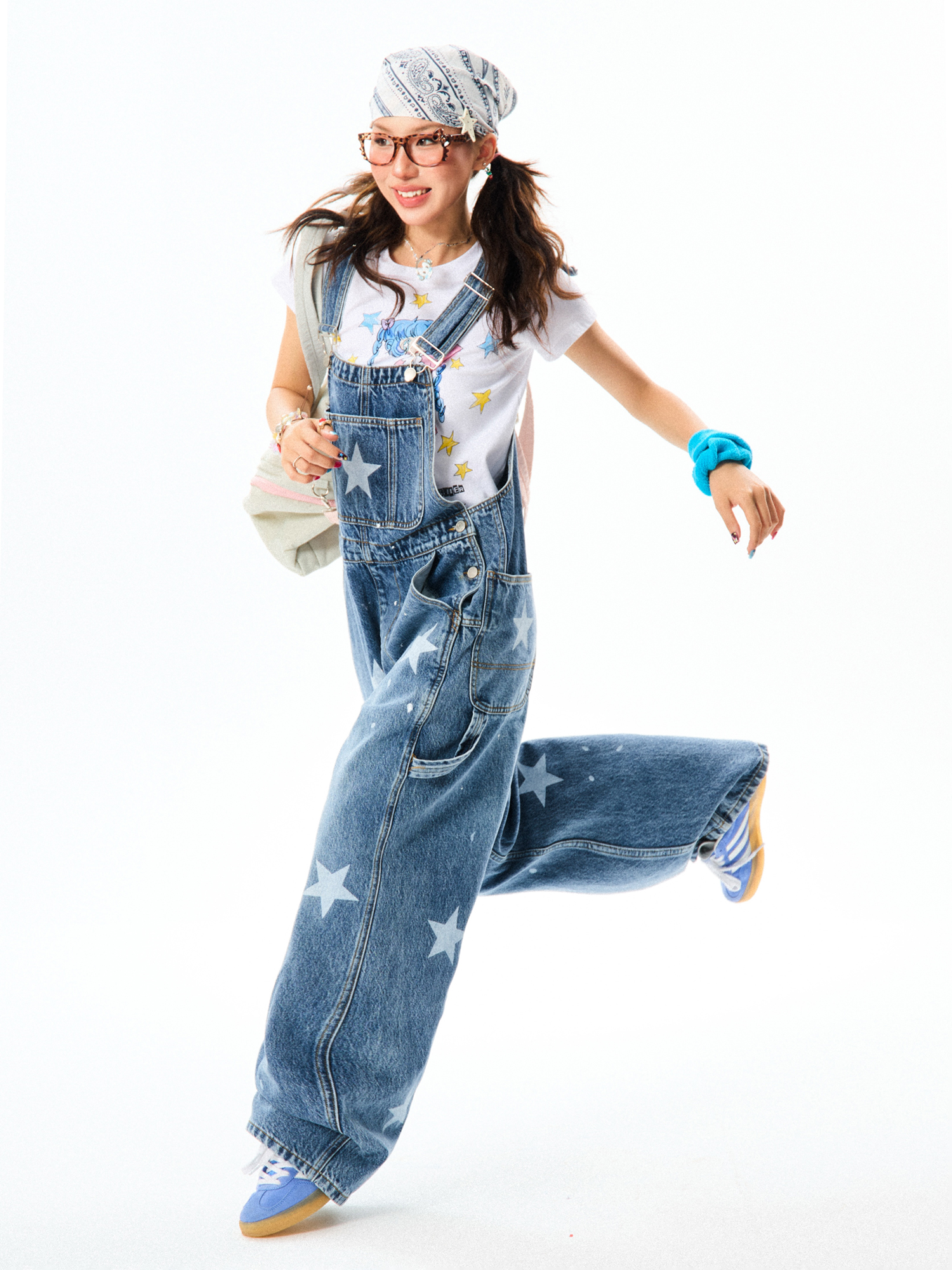Vintage American Star Print Denim Overalls for Women - Casual Floor-Length Pants in 90s Style, Versatile Fashion Staple Vintage American Star Print Denim Overalls for Women - Casual Floor-Length Pants in 90s Style, Versatile Fashion Staple