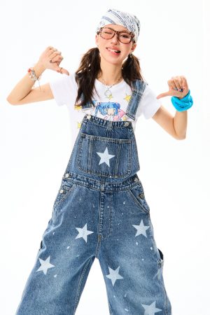 Vintage American Star Print Denim Overalls for Women - Casual Floor-Length Pants in 90s Style, Versatile Fashion Staple