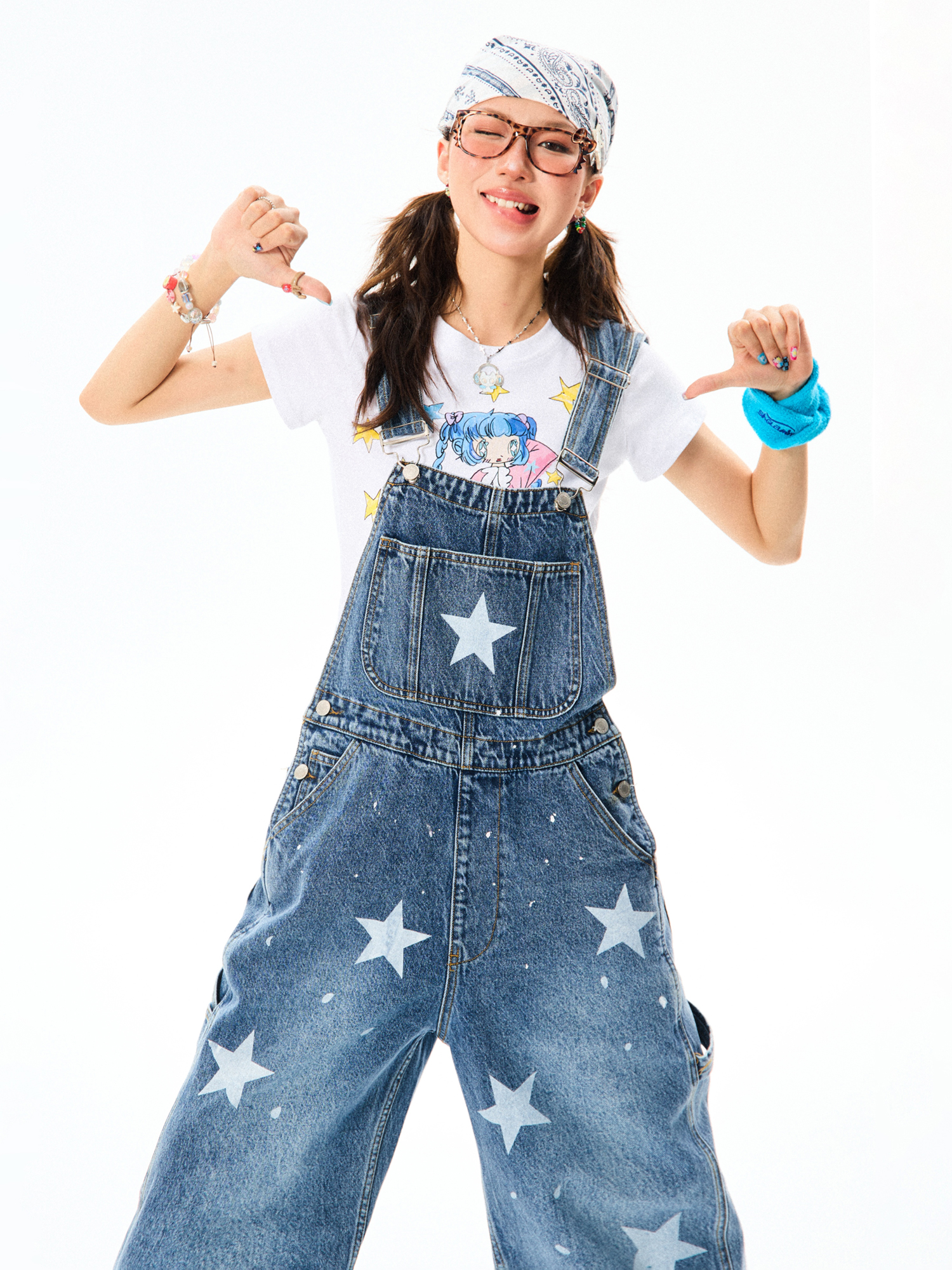 Vintage American Star Print Denim Overalls for Women - Casual Floor-Length Pants in 90s Style, Versatile Fashion Staple Vintage American Star Print Denim Overalls for Women - Casual Floor-Length Pants in 90s Style, Versatile Fashion Staple