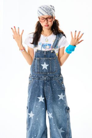 Vintage American Star Print Denim Overalls for Women - Casual Floor-Length Pants in 90s Style, Versatile Fashion Staple