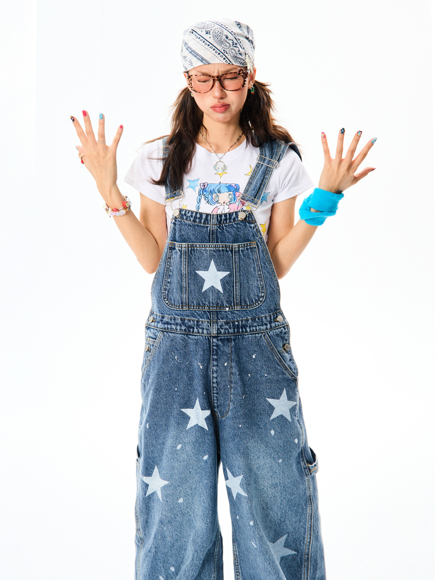 Vintage American Star Print Denim Overalls for Women - Casual Floor-Length Pants in 90s Style, Versatile Fashion Staple Vintage American Star Print Denim Overalls for Women - Casual Floor-Length Pants in 90s Style, Versatile Fashion Staple