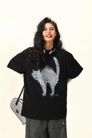 Vintage American Street Cat Short Sleeve T-Shirt for Men and Women, Loose Fit, Niche Design, Versatile Couple Style