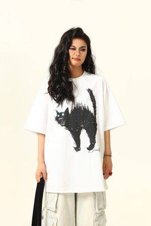Vintage American Street Cat Short Sleeve T-Shirt for Men and Women, Loose Fit, Niche Design, Versatile Couple Style
