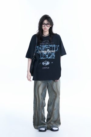 Vintage American-Style Distressed Loose Fit Short-Sleeve T-Shirt for Women with Mottled Print - Y2K Fashion Essential