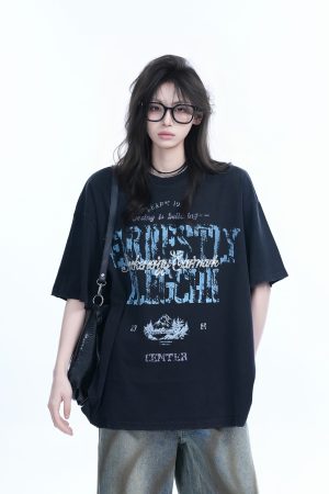 Vintage American-Style Distressed Loose Fit Short-Sleeve T-Shirt for Women with Mottled Print - Y2K Fashion Essential