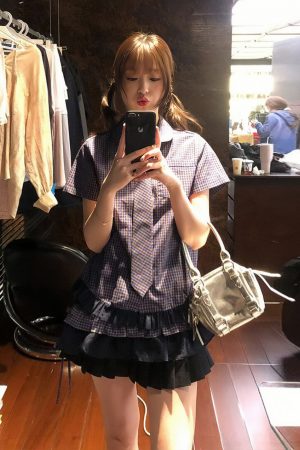 Vintage American Style Doll Collar Short Sleeve Checkered Shirt for Women - Slim Fit Summer Patchwork Pleats Fashion Top