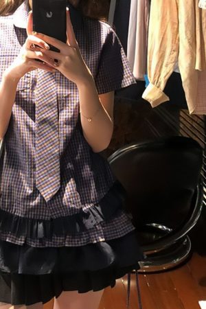 Vintage American Style Doll Collar Short Sleeve Checkered Shirt for Women - Slim Fit Summer Patchwork Pleats Fashion Top