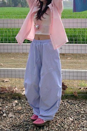 Vintage American-Style Loose-Fitting Wide-Leg Work Pants for Women, Striped Casual Sports Pants with Elastic Waist and Slimming Drape