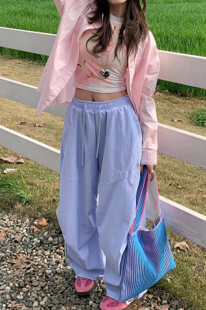 Vintage American-Style Loose-Fitting Wide-Leg Work Pants for Women, Striped Casual Sports Pants with Elastic Waist and Slimming Drape