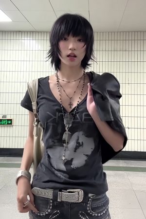 Vintage American-Style Oversized Collar T-Shirt for Women, Gray Portrait Print, Short Sleeves, Trendy High Street Loose Fit