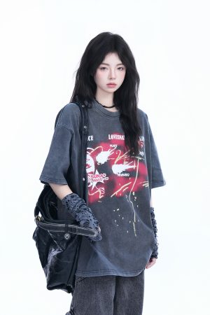 Vintage American-Style Oversized Short-Sleeve T-Shirt for Women - Sit and Eat Until the Mountains Are Empty - Trendy Loose Fit