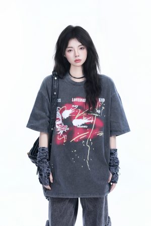 Vintage American-Style Oversized Short-Sleeve T-Shirt for Women - Sit and Eat Until the Mountains Are Empty - Trendy Loose Fit