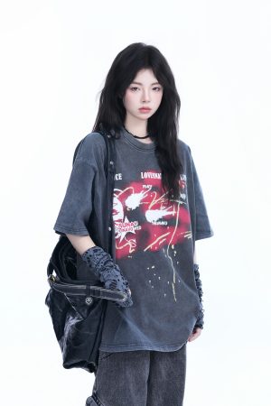 Vintage American-Style Oversized Short-Sleeve T-Shirt for Women - Sit and Eat Until the Mountains Are Empty - Trendy Loose Fit