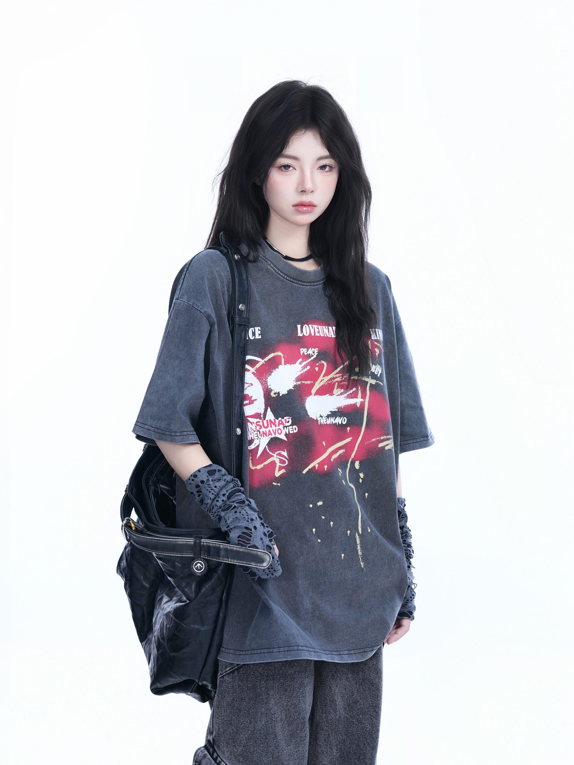 Vintage American-Style Oversized Short-Sleeve T-Shirt for Women - Sit and Eat Until the Mountains Are Empty - Trendy Loose Fit Vintage American-Style Oversized Short-Sleeve T-Shirt for Women - Sit and Eat Until the Mountains Are Empty - Trendy Loose Fit