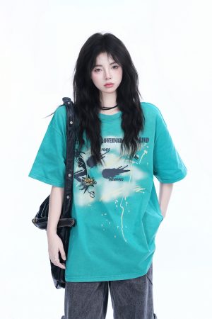 Vintage American-Style Oversized Short-Sleeve T-Shirt for Women - Sit and Eat Until the Mountains Are Empty - Trendy Loose Fit