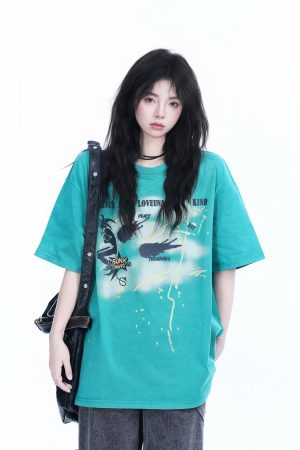 Vintage American-Style Oversized Short-Sleeve T-Shirt for Women - Sit and Eat Until the Mountains Are Empty - Trendy Loose Fit