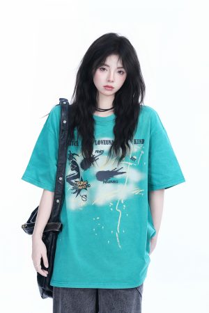 Vintage American-Style Oversized Short-Sleeve T-Shirt for Women - Sit and Eat Until the Mountains Are Empty - Trendy Loose Fit