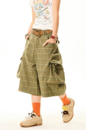 Vintage American-Style Plaid Capri Pants for Women, Wide-Leg Workwear Shorts, Casual Versatile 90s Inspired Fashion