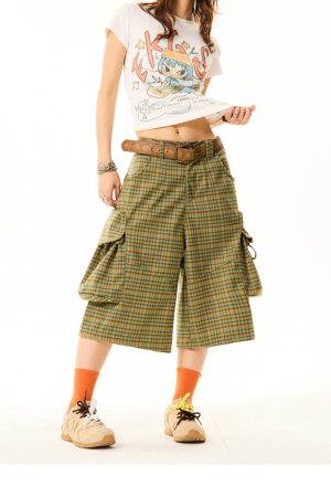 Vintage American-Style Plaid Capri Pants for Women, Wide-Leg Workwear Shorts, Casual Versatile 90s Inspired Fashion