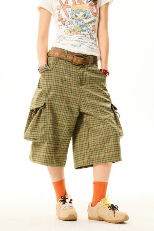 Vintage American-Style Plaid Capri Pants for Women, Wide-Leg Workwear Shorts, Casual Versatile 90s Inspired Fashion