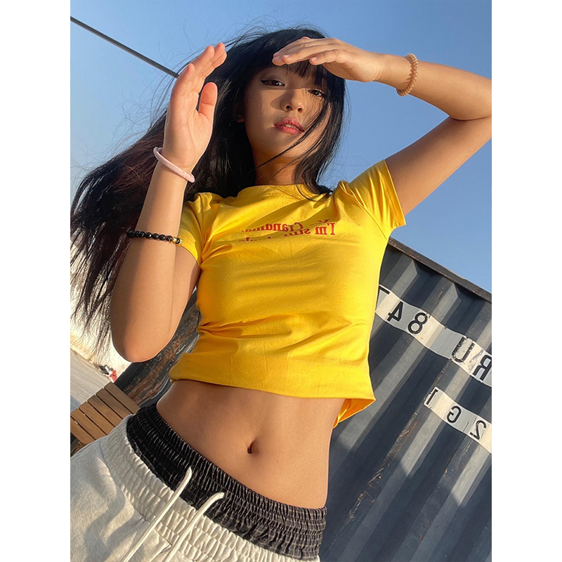 Vintage American Style Shoulder T-Shirt for Women, Slim Fit Slogan Print, Round Neck, Short Sleeve Jazz Top for Summer Vintage American Style Shoulder T-Shirt for Women, Slim Fit Slogan Print, Round Neck, Short Sleeve Jazz Top for Summer