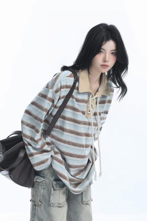 Vintage American Style Striped Oversized Long Sleeve Polo Shirt for Women - Casual Y2K Fashion Essential