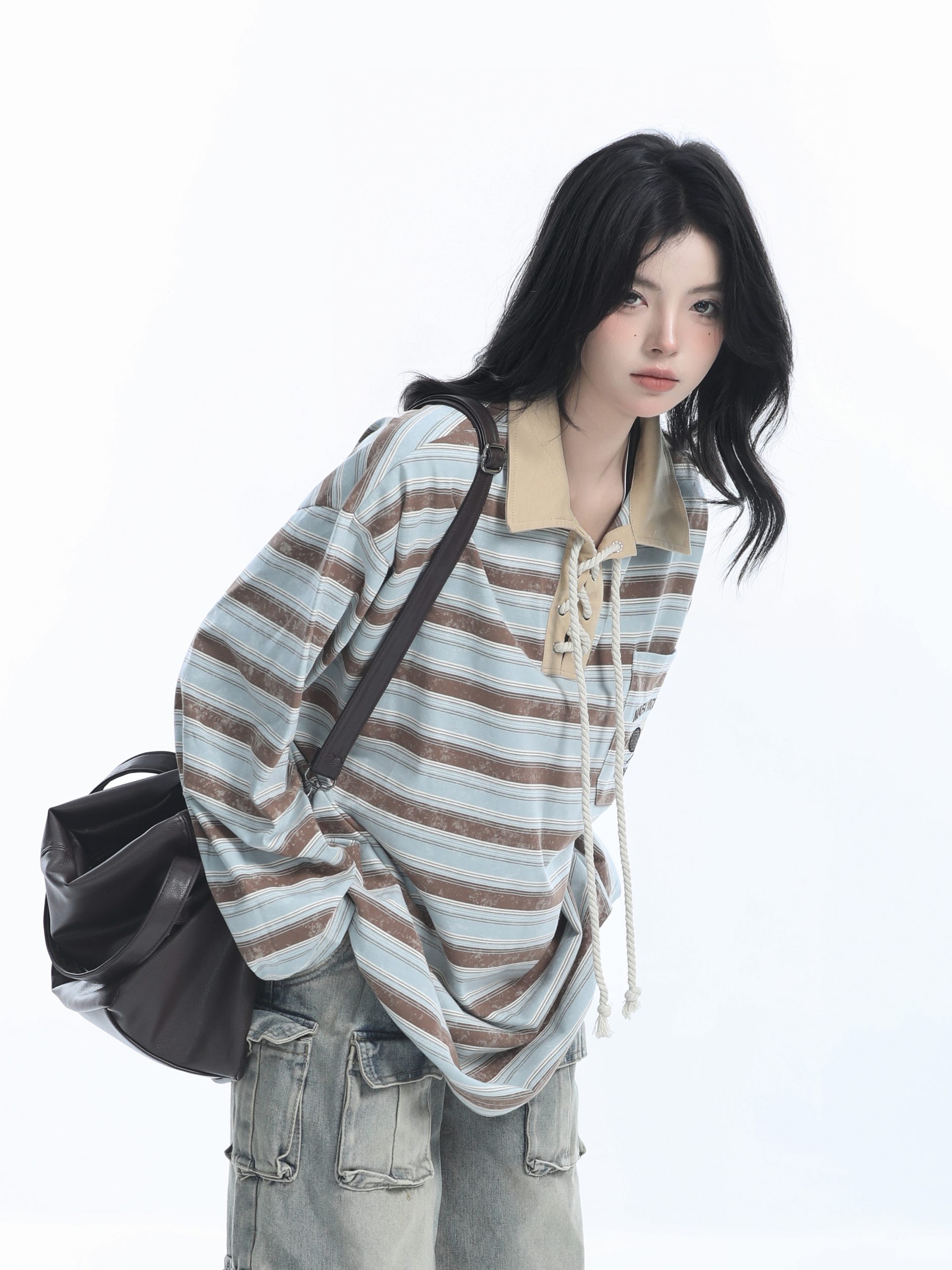 Vintage American Style Striped Oversized Long Sleeve Polo Shirt for Women - Casual Y2K Fashion Essential Vintage American Style Striped Oversized Long Sleeve Polo Shirt for Women - Casual Y2K Fashion Essential